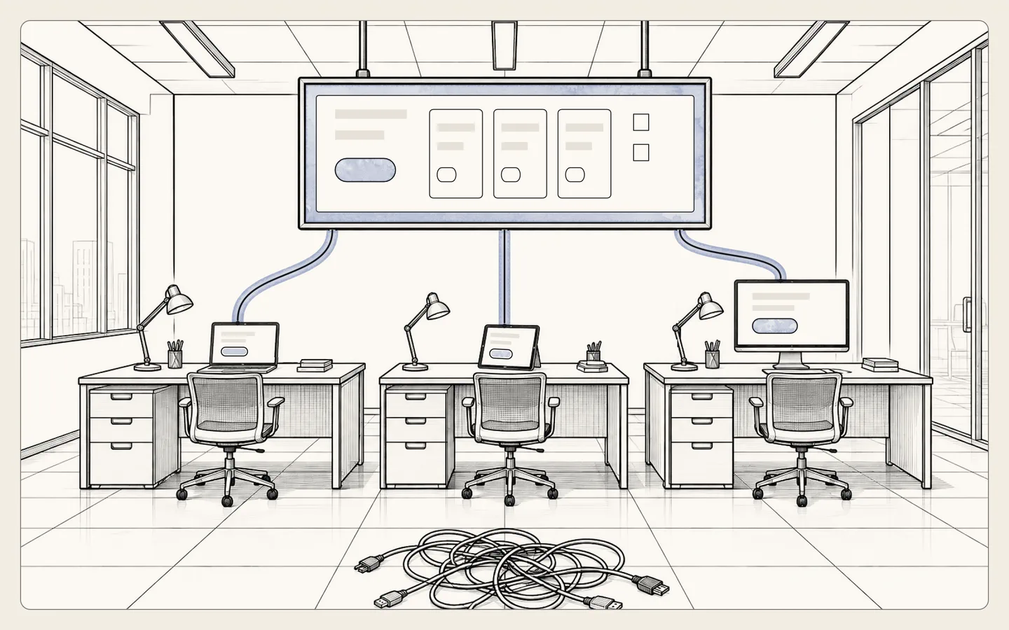 One shared component board hangs above three desks, with a separate line down to each of a laptop, a tablet and a monitor, all showing the same button. The old tangle of cables lies unplugged on the floor.