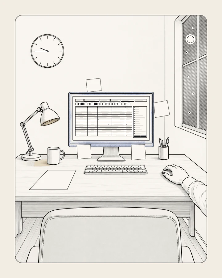 Late at night, by lamplight, a worker's monitor shows a cluttered screen ringed with sticky notes, with a cheat sheet on the desk and the clock near 9:45. Then the same desk in afternoon light, at about 3:30: the screen is clean and organised and the notes are gone.