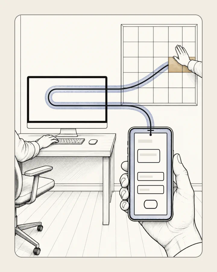 One unbroken line carries information from a sales person's phone, through the project manager's computer where it's typed in, to the date the scheduler's hand presses on the wall calendar.