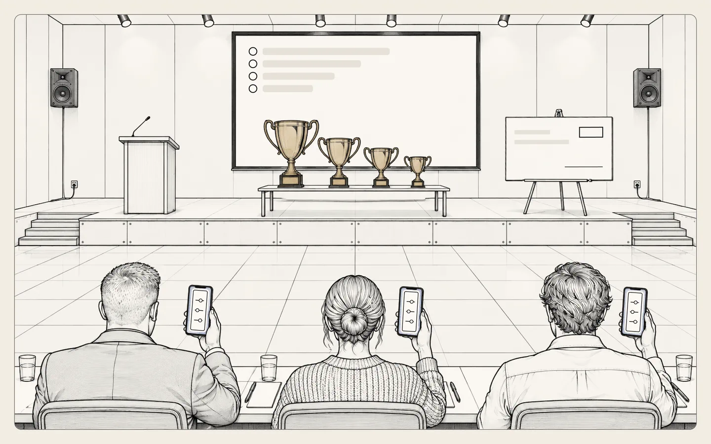 From the back of the room, three judges score on their phones while a ranked list is already up on the stage screen, with four trophies and a big check waiting on stage.