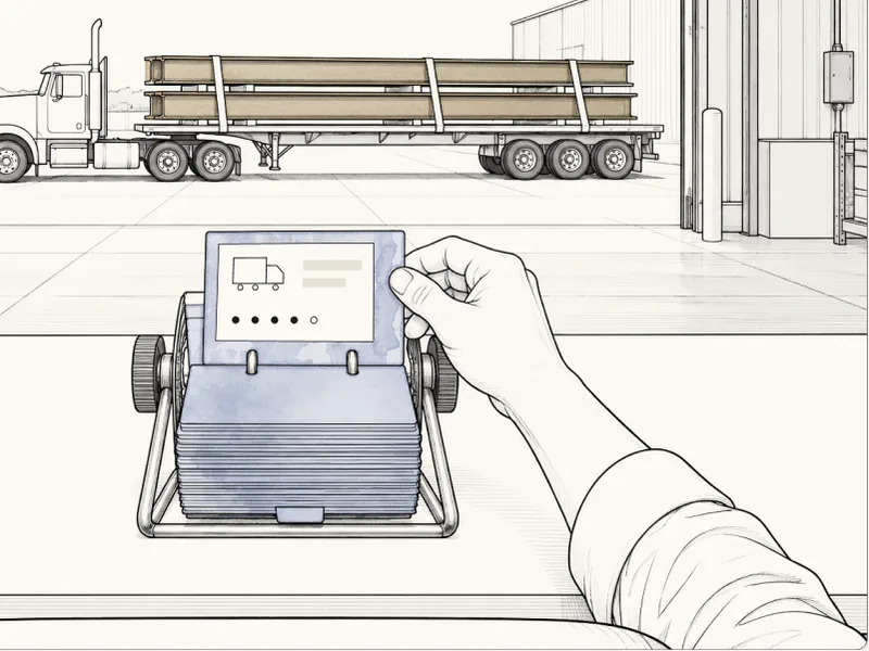A shipping planner's hand pulls one carrier card, with a truck icon and a rating, from a desk card file, while a flatbed truck loaded with steel beams waits outside.