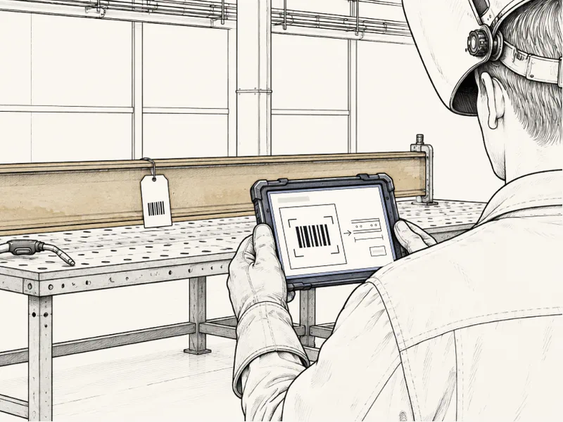 A welder, seen from behind, holds a tablet that has scanned the barcode tag on a steel beam clamped to a welding table.